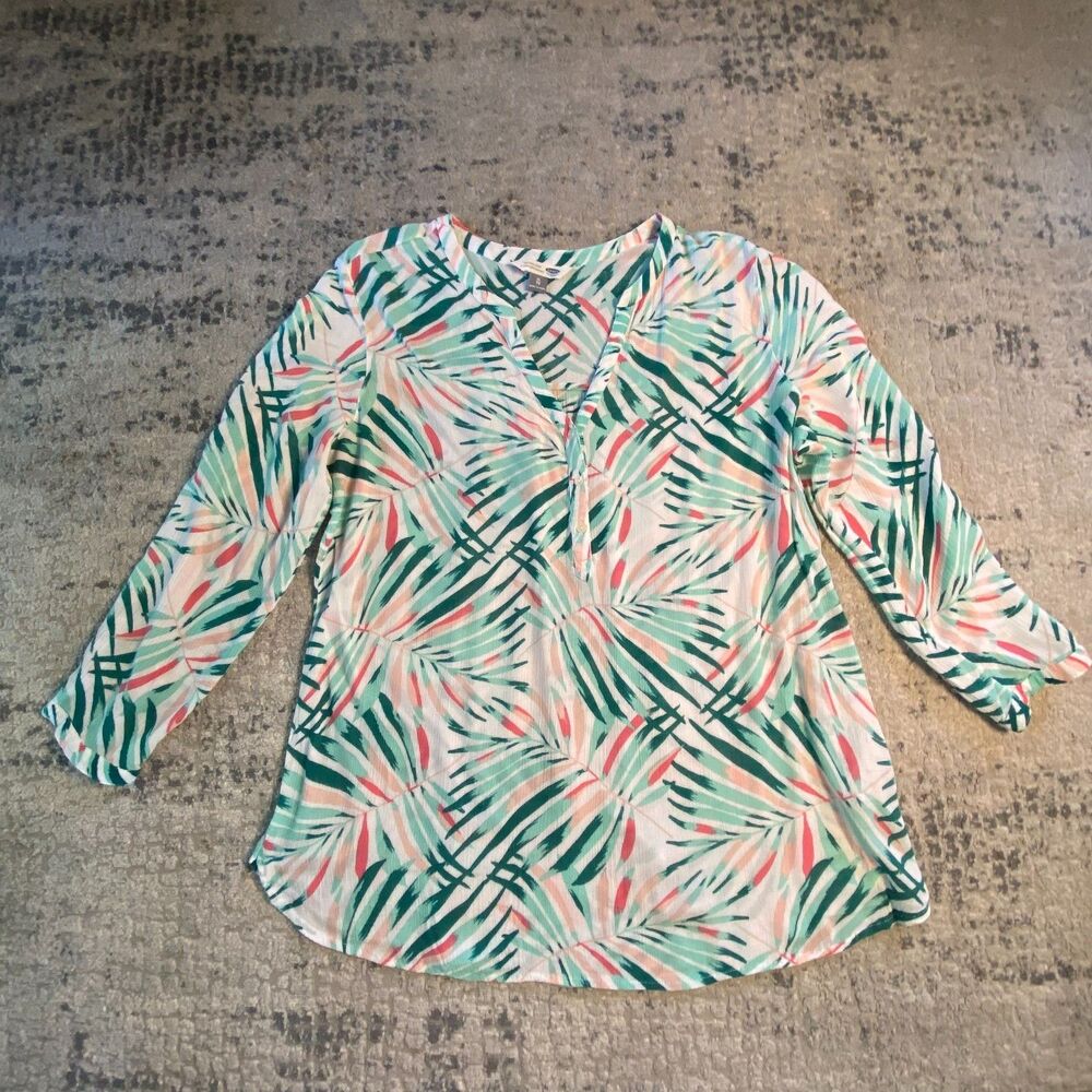 Old Navy Womens XL The Tunic Shirt Tropical Palm Print 3/4 Sleeve Blouse